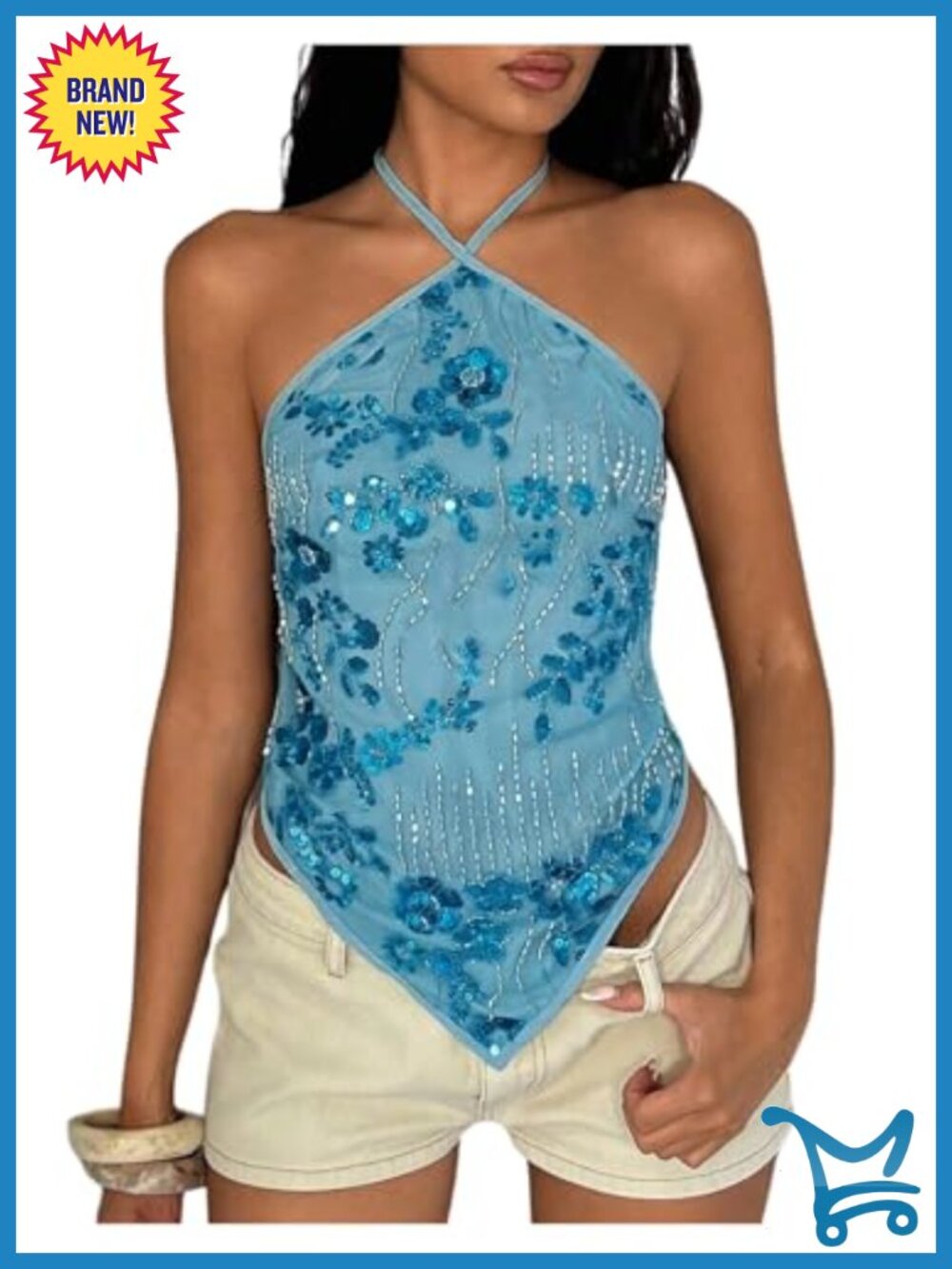 Sequin Tie Backless Asymmetrical Halter Top Sleeveless Date Night